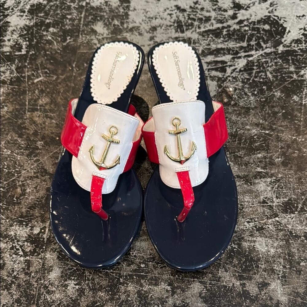 Soft Surroundings Red/White/Blue Nautical Kitten Heel Sandals Size 8.5W